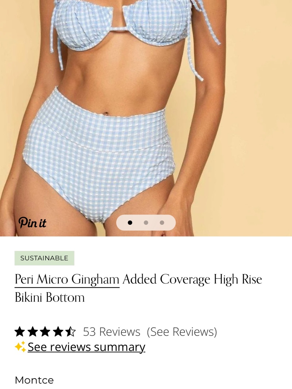 Montce Light Blue Gingham High-Rise Bikini Bottom
